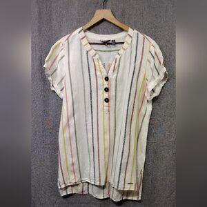 Ellen Tracy 100% Linen Stripped Blouse Womens L White Boho Retro 90s Y2K Casual